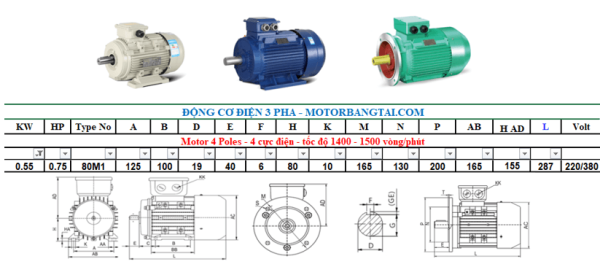 Động cơ điện 3 pha 0.55kw-4poles