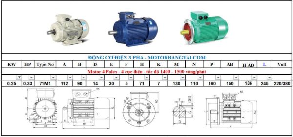 Động cơ điện 3 pha 0.25kw-4poles