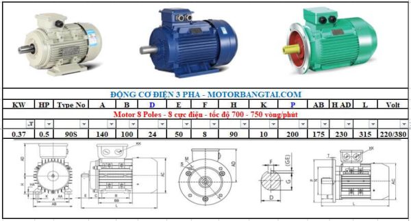 Động cơ điện 3 pha 0.37kw-8poles