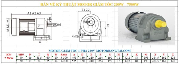 Motor giảm tốc 1 pha 2.2KW-3HP chân đế