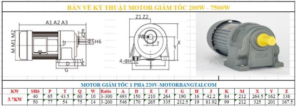 Motor giảm tốc 1 pha 3.7KW-5HP chân đế