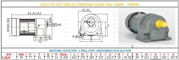 Motor giảm tốc 1 pha 5.5KW-7.5HP chân đế