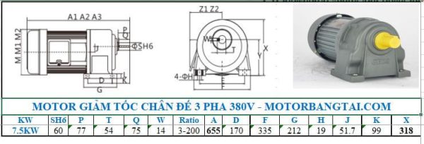 Motor giảm tốc 3 pha chân đế 7.5kw