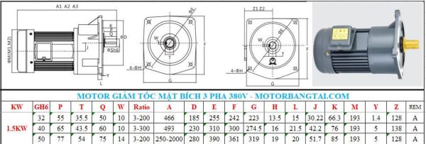 Motor giảm tốc 3 pha 1.1kw